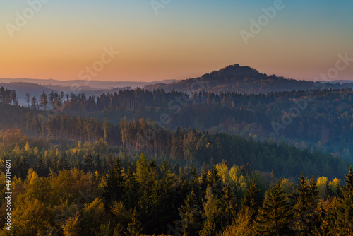 Autumn scenery after sunrise, Andelska Hora, Czech republic. View from Semnicka rock