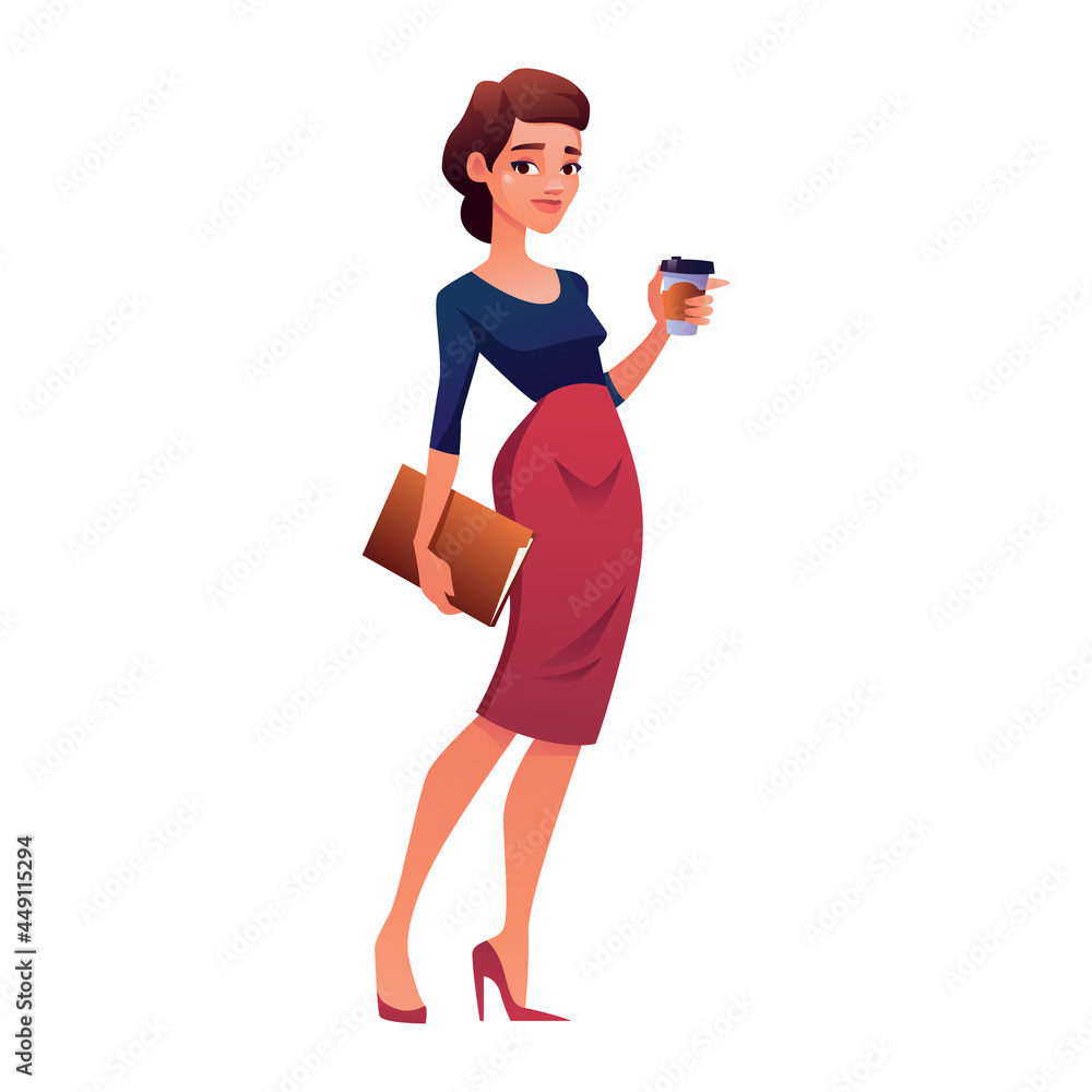 Cartoon office character in flat style. A beautiful woman in a skirt, with coffee and a folder in her hands. Vector illustration Cartoon office character in flat style. A beautiful woman in a skirt, with coffee and a folder in her hands. Vector illustration
