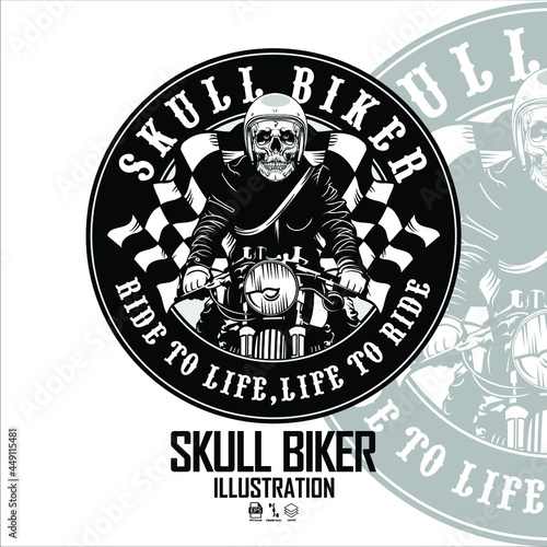 SKULL RIDING CAFERACER MOTORCYCLE WITH A WHITE BACKGROUND