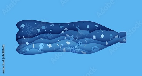 Plastic Bottle from hole with garbage underwater in paper cut style. Blue ocean waves with whale fish crab turtle and other marine animals . 3d realistic vector background for environmental poster