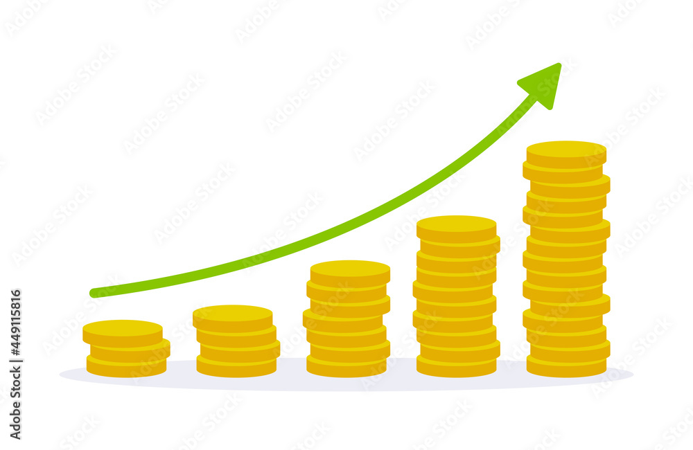 Vector growing graph icon with stack of coins. Profit, earning, income, gain money icon vector illustration Vector growing graph icon with stack of coins. Profit, earning, income, gain money icon vector illustration