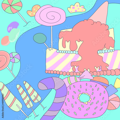 candy land vector containing various kinds of candies, donuts and cakes
