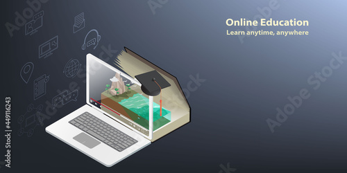 Isometric vector online education Presented by laptop is displaying video content and textbook on environment for concept of learning anytime anywhere against gradient blue background