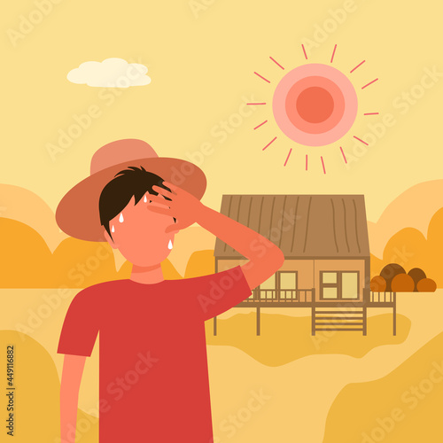 Farmer feel tire and sweaty in hot climate flat design. Hot summer day in countryside with strong sunlight.