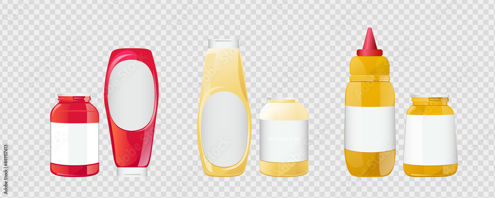 Ketchup, mayonnaise, mustard sauces in bottles and jars set. Realistic vector illustration isolated on white background. Ketchup, mayonnaise, mustard sauces in bottles and jars set. Realistic vector illustration isolated on white background.