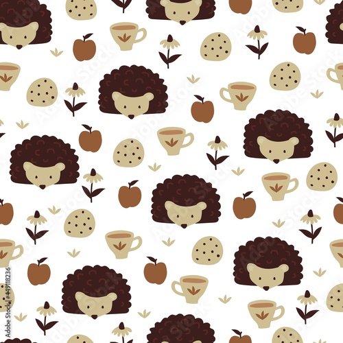 seamless pattern with hedgehog and tea