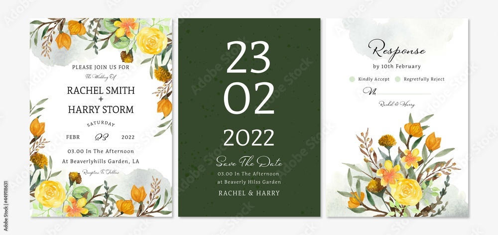 Set of wedding invitation card with wild flowers and abstract background