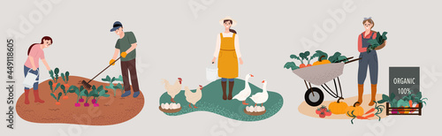Eat local vector illustration set. Organic farming with people farmers doing farming job, planting, organic food, local organic production, Fruits and vegetables, animal farm, modern farmers market. 