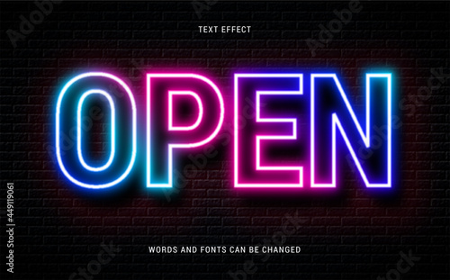 open neon glowing text effect isolated on brick background. editable eps cc