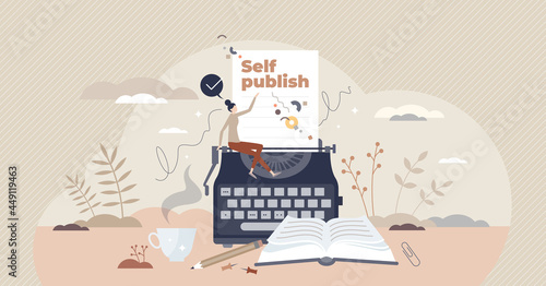 Self publish as author paper publication and book distribution tiny person concept. Writing literature or media with print on demand to reduce making costs vector illustration. Text typing strategy. photo