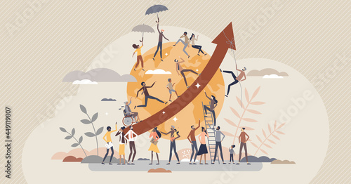Overpopulation and human crowd density growth on earth tiny person concept. People count development and volume rising as demography statistics measurement vector illustration. Earth population scene. photo