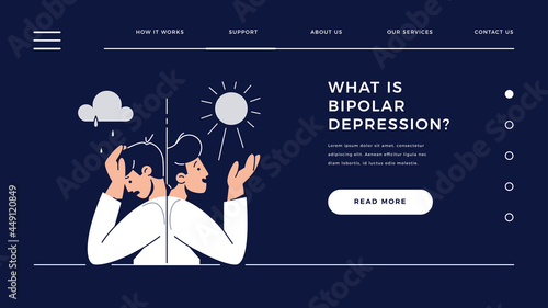 Bipolar disorder web template. Man suffers from mood swings, split mania and depression period. Manic depression, Mental illness, mood and emotional disorder for homepage.Flat vector illustration