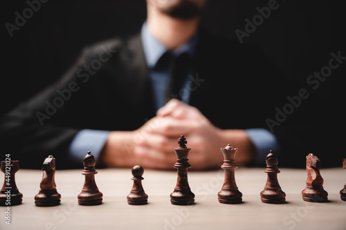chess strategy for business leadership and team in success concept, game king leader competition with teamwork power challenge, pawn piece playing on board, victory intelligence of chessboard