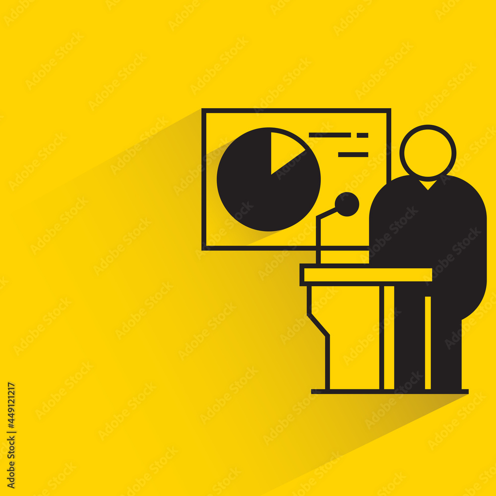 Foto people presenting pie chart on podium icon on yellow background