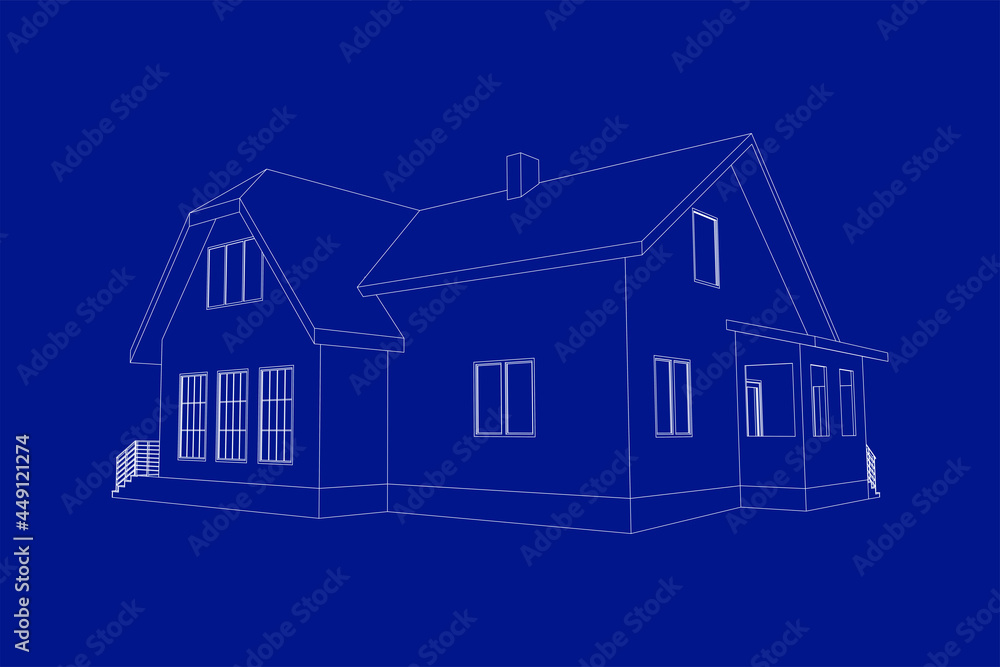 Stylish architectural  blueprint.Vector wireframe perspective of luxury modern house exterior. 3D vector model of cottage. 