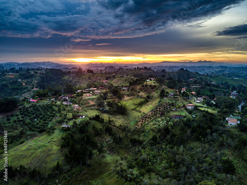 aerial view of the sunset over the country 