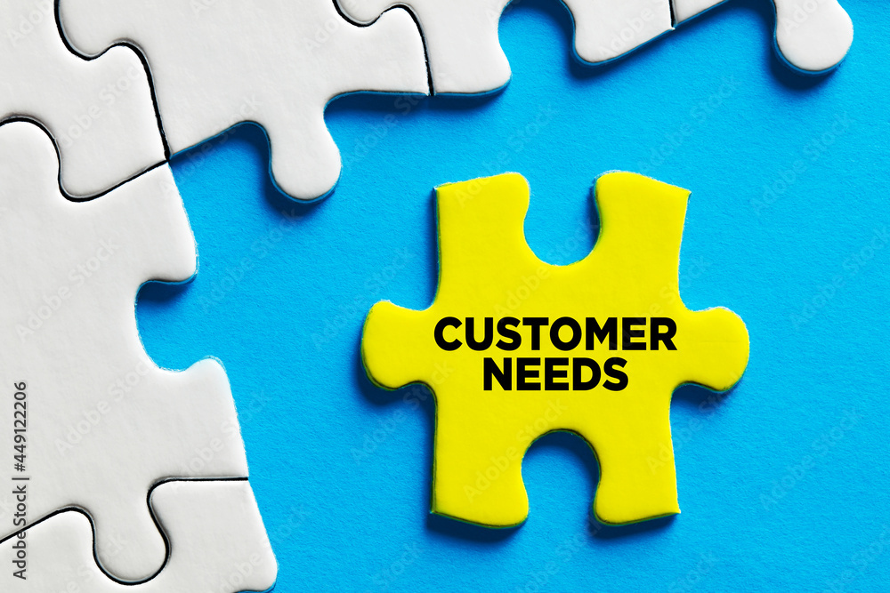 The word customer needs written on a puzzle piece. The word customer needs written on a puzzle piece.
