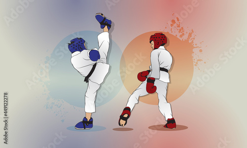 Sparring of two young fighters in the taekwondo technique