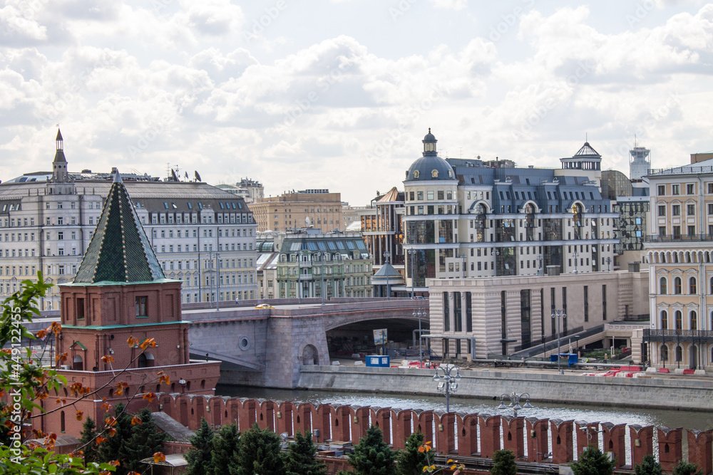 panoramic view of the historic city center on a sunny summer day and dramatic cloudy sky and space to copy in Moscow Russia