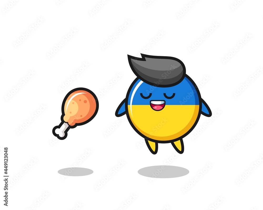 cute ukraine flag badge floating and tempted because of fried chicken