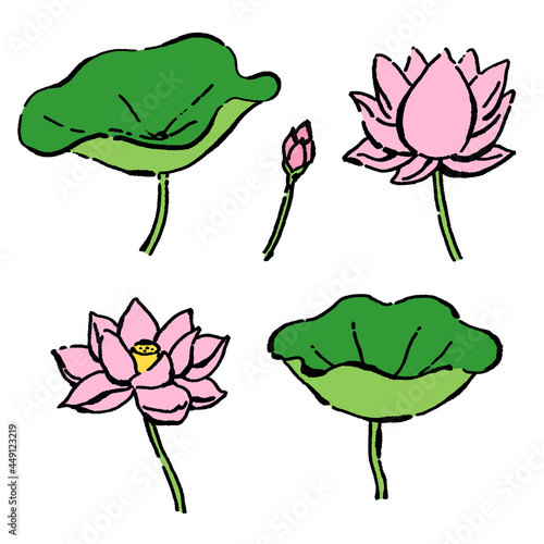 墨絵風のシンプルな線画の睡蓮の花と葉のベクターイラストセット
