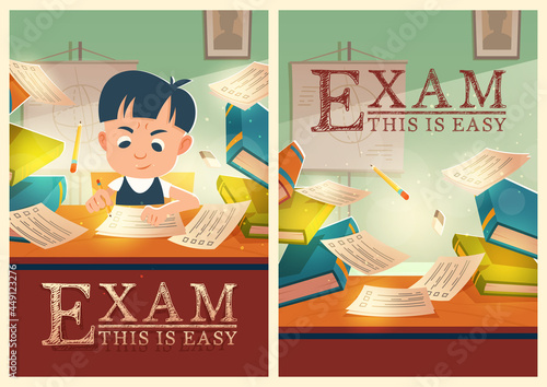 Boy solve test pass exam in school cartoon posters
