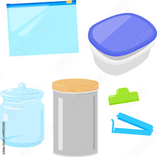 食品保存用の容器やクリップのイラストセット