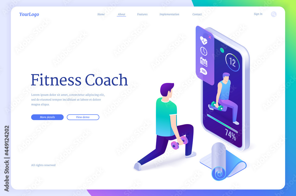 Fitness coach isometric landing page, training Fitness coach isometric landing page, training