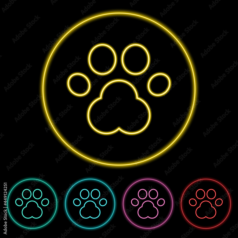 Paw icon vector illustration design element with four color variations. Paw Icon Neon Style. Paw Icon flat design. Vector illustration. All in a single layer. Elements for design. Paw icon vector illustration design element with four color variations. Paw Icon Neon Style. Paw Icon flat design. Vector illustration. All in a single layer. Elements for design.