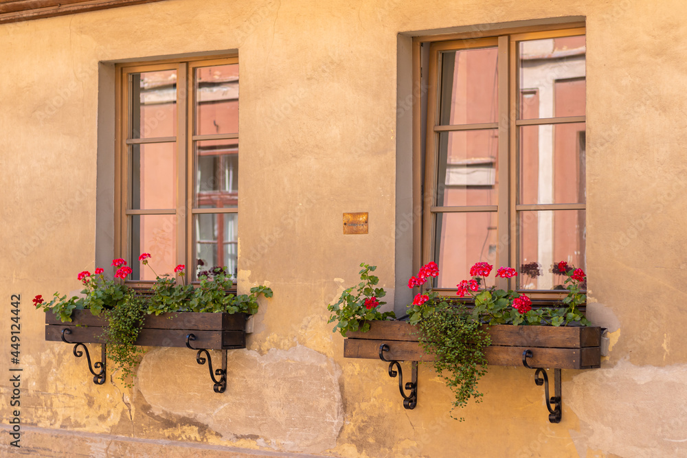 European style window and flower. Summer. Kuldiga, Latvia European style window and flower. Summer. Kuldiga, Latvia
