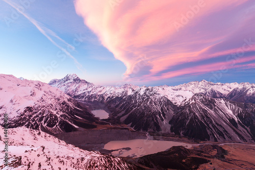 Cloud over Aoraki Mount Cook, Cook Range, Hooker Valley and Mueller Lake from Sealy Range, Aoraki Mount Cook National Park, New Zealand