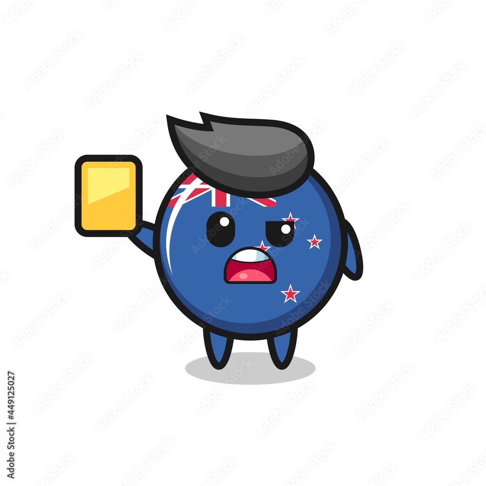 cartoon new zealand flag badge character as a football referee giving a yellow card cartoon new zealand flag badge character as a football referee giving a yellow card