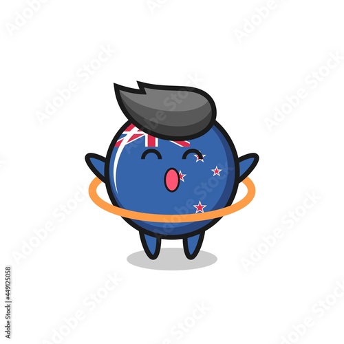 cute new zealand flag badge cartoon is playing hula hoop