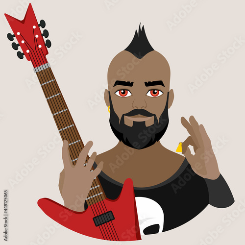 An avatar of a man with an eroquois on his head and a black beard with an electric guitar in one hand and a pick in the other. Guitar player. Rock music. Flat vector illustration.