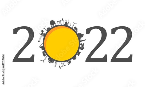 2022 year number with industrial icons around zero digit
