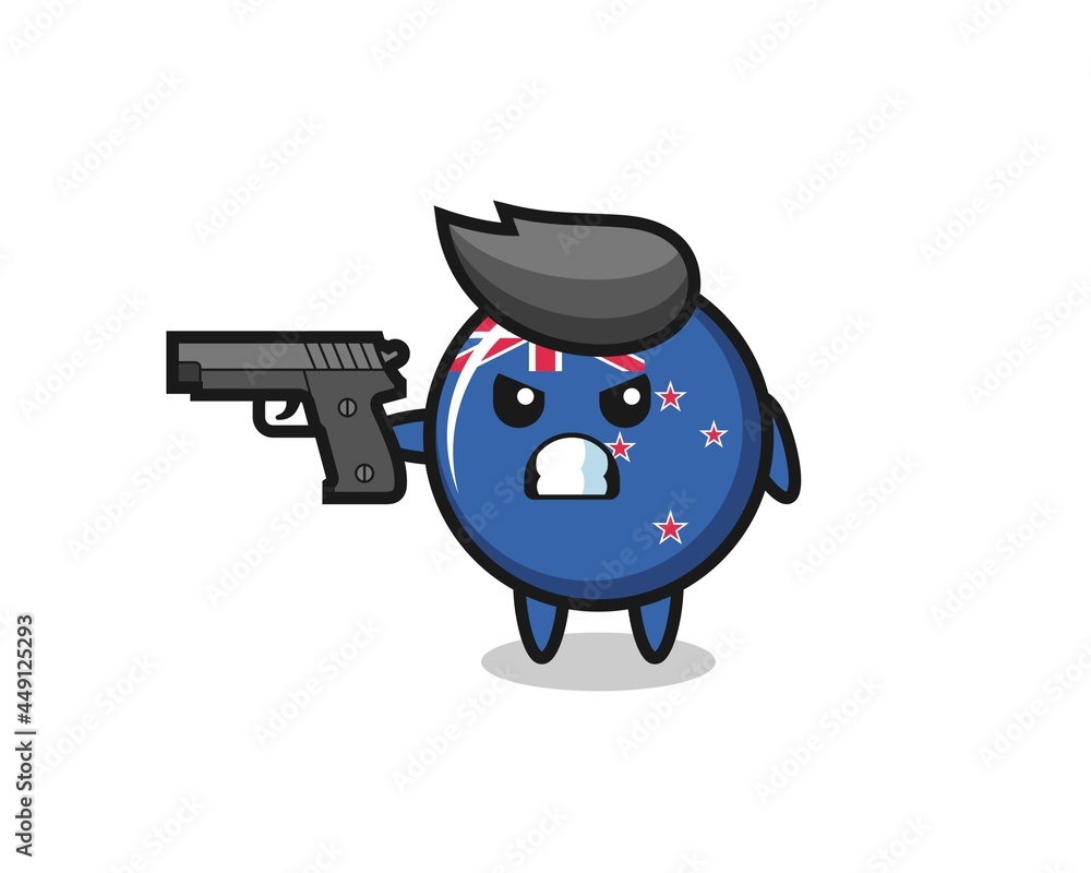 the cute new zealand flag badge character shoot with a gun