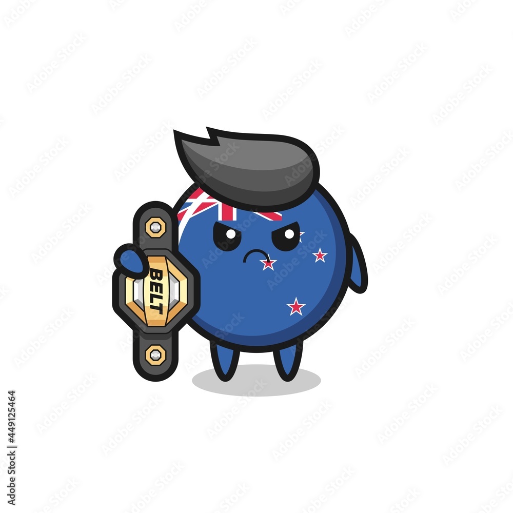 new zealand flag badge mascot character as a MMA fighter with the champion belt new zealand flag badge mascot character as a MMA fighter with the champion belt