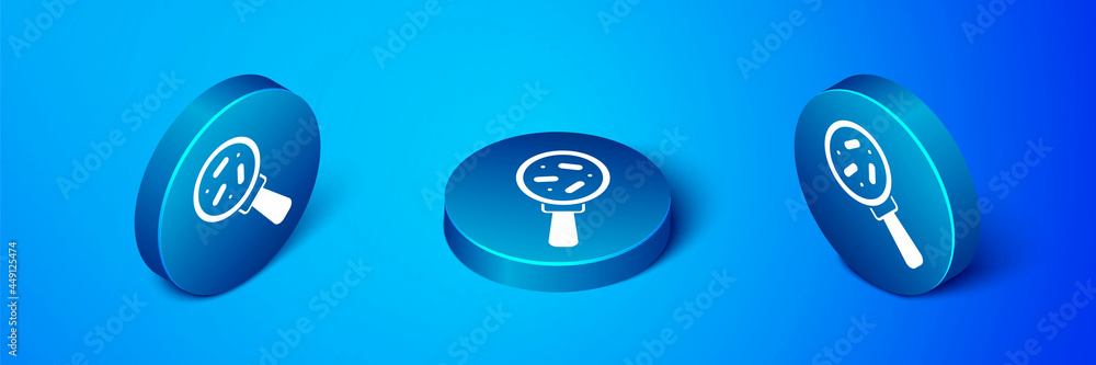 Isometric Microorganisms under magnifier icon isolated on blue background. Bacteria and germs, cell cancer, microbe, virus, fungi. Blue circle button. Vector Isometric Microorganisms under magnifier icon isolated on blue background. Bacteria and germs, cell cancer, microbe, virus, fungi. Blue circle button. Vector