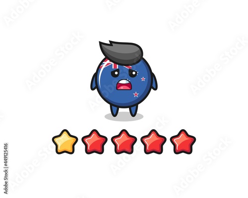 the illustration of customer bad rating, new zealand flag badge cute character with 1 star © heriyusuf