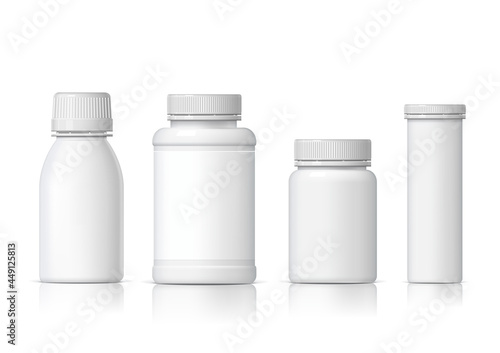 Cool Realistic White plastic bottle set. Product Packing