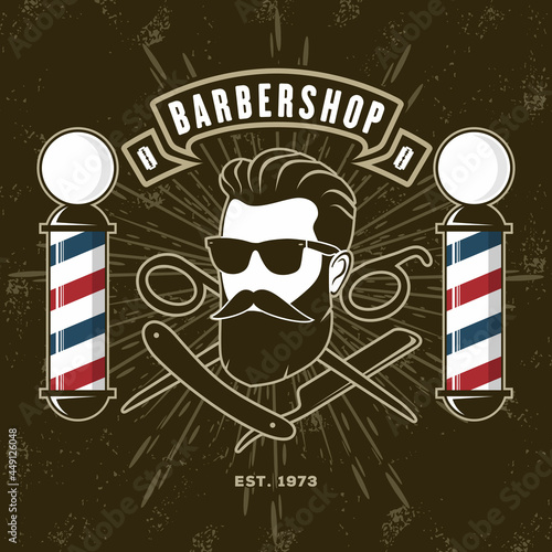 Barbershop logo, poster or banner design concept with barber pole and bearded men