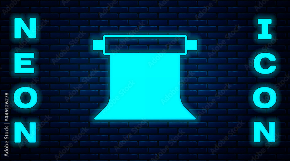 Glowing neon Empty photo studio icon isolated on brick wall background. Screen backdrop. Vector Glowing neon Empty photo studio icon isolated on brick wall background. Screen backdrop. Vector