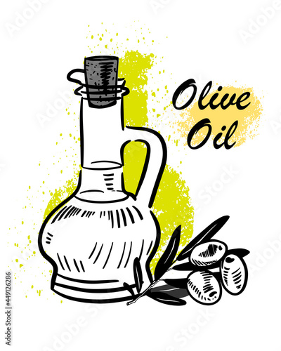 Colored Olive oil in patterned glass bottle, olive branch. Vector isolated illustration of hand drawn pattern.
