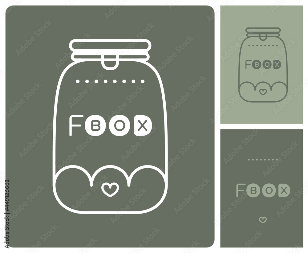 Naklejka premium logo pour épicerie de vente en vrac de produits biologiques, naturels, proximité, avec des boîtes réutilisables pour les céréales, féculents, fruits, légumes, boissons