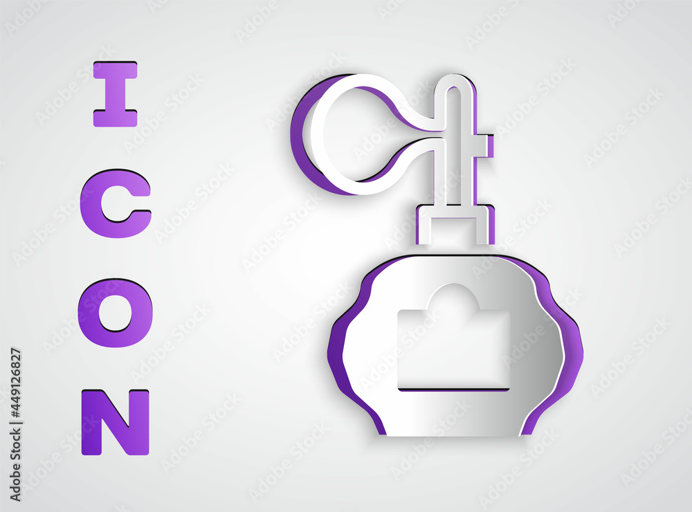 Paper cut Aftershave bottle with atomizer icon isolated on grey background. Cologne spray icon. Male perfume bottle. Paper art style. Vector Paper cut Aftershave bottle with atomizer icon isolated on grey background. Cologne spray icon. Male perfume bottle. Paper art style. Vector