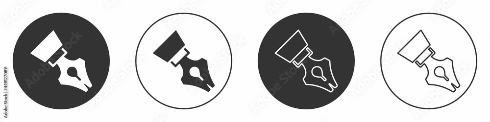 Black Fountain pen nib icon isolated on white background. Pen tool sign. Circle button. Vector Black Fountain pen nib icon isolated on white background. Pen tool sign. Circle button. Vector