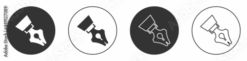 Black Fountain pen nib icon isolated on white background. Pen tool sign. Circle button. Vector