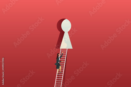 Businesswoman climbing ladder on red big wall to keyhole