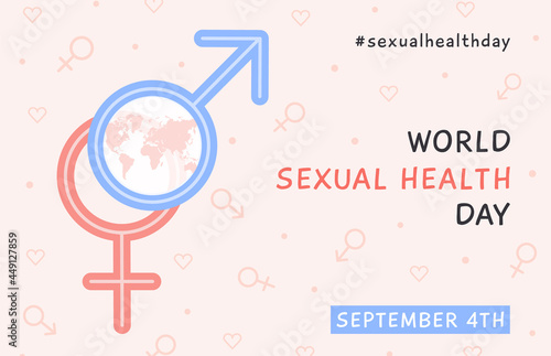 World Sexual Health Day Horizontal Banner. Female and male gender signs with world map. Sex education. Safe sexual behavior, birth fertility control. Vector poster in flat cartoon style.