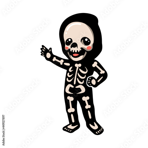 Cute halloween skeleton cartoon waving hand